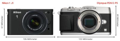 Größenvergleich: Nikon 1 J1 vs. OM System PEN E-P5 Größenvergleich: Nikon 1 J1 vs. OM System PEN E-P5
