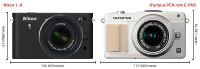 Größenvergleich: Nikon 1 J1 vs. OM System PEN mini E-PM2 Größenvergleich: Nikon 1 J1 vs. OM System PEN mini E-PM2