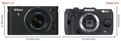 Größenvergleich: Nikon 1 J1 vs. Pentax Q10 Größenvergleich: Nikon 1 J1 vs. Pentax Q10