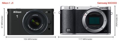 Größenvergleich: Nikon 1 J1 vs. Samsung NX3000 Größenvergleich: Nikon 1 J1 vs. Samsung NX3000