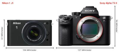 Größenvergleich: Nikon 1 J1 vs. Sony Alpha 7S II Größenvergleich: Nikon 1 J1 vs. Sony Alpha 7S II