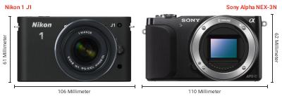 Größenvergleich: Nikon 1 J1 vs. Sony Alpha NEX-3N Größenvergleich: Nikon 1 J1 vs. Sony Alpha NEX-3N