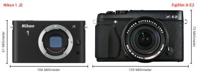 Größenvergleich: Nikon 1 J2 vs. Fujifilm X-E2 Größenvergleich: Nikon 1 J2 vs. Fujifilm X-E2