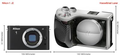 Größenvergleich: Nikon 1 J2 vs. Hasselblad Lunar Größenvergleich: Nikon 1 J2 vs. Hasselblad Lunar