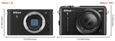 Größenvergleich: Nikon 1 J2 vs. Nikon 1 AW1 Größenvergleich: Nikon 1 J2 vs. Nikon 1 AW1