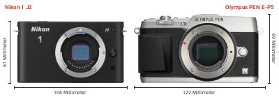 Größenvergleich: Nikon 1 J2 vs. OM System PEN E-P5
