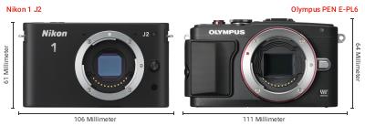 Größenvergleich: Nikon 1 J2 vs. OM System PEN E-PL6 Größenvergleich: Nikon 1 J2 vs. OM System PEN E-PL6