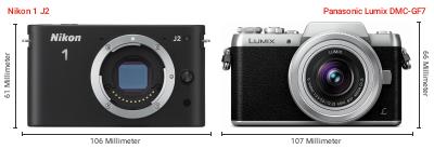 Größenvergleich: Nikon 1 J2 vs. Panasonic Lumix DMC-GF7