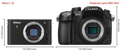 Größenvergleich: Nikon 1 J2 vs. Panasonic Lumix DMC-GH4
