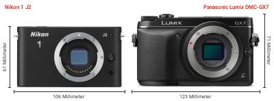 Größenvergleich: Nikon 1 J2 vs. Panasonic Lumix DMC-GX7 Größenvergleich: Nikon 1 J2 vs. Panasonic Lumix DMC-GX7