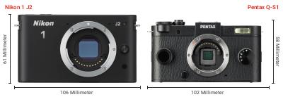 Größenvergleich: Nikon 1 J2 vs. Pentax Q-S1 Größenvergleich: Nikon 1 J2 vs. Pentax Q-S1