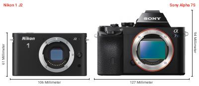 Größenvergleich: Nikon 1 J2 vs. Sony Alpha 7S Größenvergleich: Nikon 1 J2 vs. Sony Alpha 7S