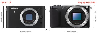 Größenvergleich: Nikon 1 J2 vs. Sony Alpha NEX-3N Größenvergleich: Nikon 1 J2 vs. Sony Alpha NEX-3N