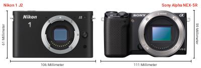 Größenvergleich: Nikon 1 J2 vs. Sony Alpha NEX-5R Größenvergleich: Nikon 1 J2 vs. Sony Alpha NEX-5R
