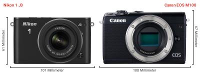 Größenvergleich: Nikon 1 J3 vs. Canon EOS M100 Größenvergleich: Nikon 1 J3 vs. Canon EOS M100