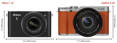 Größenvergleich: Nikon 1 J3 vs. Fujifilm X-A2 Größenvergleich: Nikon 1 J3 vs. Fujifilm X-A2