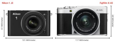 Größenvergleich: Nikon 1 J3 vs. Fujifilm X-A5