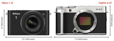 Größenvergleich: Nikon 1 J3 vs. Fujifilm X-A7
