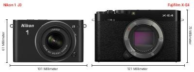Größenvergleich: Nikon 1 J3 vs. Fujifilm X-E4 Größenvergleich: Nikon 1 J3 vs. Fujifilm X-E4