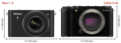 Größenvergleich: Nikon 1 J3 vs. Fujifilm X-M5 Größenvergleich: Nikon 1 J3 vs. Fujifilm X-M5