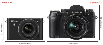 Größenvergleich: Nikon 1 J3 vs. Fujifilm X-T1 Größenvergleich: Nikon 1 J3 vs. Fujifilm X-T1