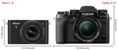 Größenvergleich: Nikon 1 J3 vs. Fujifilm X-T2