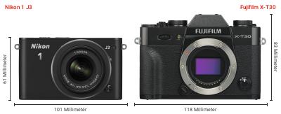Größenvergleich: Nikon 1 J3 vs. Fujifilm X-T30 Größenvergleich: Nikon 1 J3 vs. Fujifilm X-T30