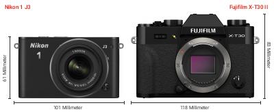 Größenvergleich: Nikon 1 J3 vs. Fujifilm X-T30 II