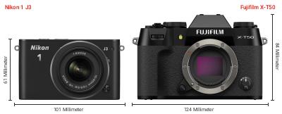 Größenvergleich: Nikon 1 J3 vs. Fujifilm X-T50