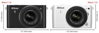 Größenvergleich: Nikon 1 J3 vs. Nikon 1 S1 Größenvergleich: Nikon 1 J3 vs. Nikon 1 S1