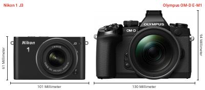 Größenvergleich: Nikon 1 J3 vs. OM System OM-D E-M1 Größenvergleich: Nikon 1 J3 vs. OM System OM-D E-M1
