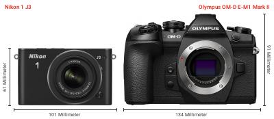 Größenvergleich: Nikon 1 J3 vs. OM System OM-D E-M1 Mark II Größenvergleich: Nikon 1 J3 vs. OM System OM-D E-M1 Mark II