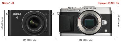 Größenvergleich: Nikon 1 J3 vs. OM System PEN E-P5 Größenvergleich: Nikon 1 J3 vs. OM System PEN E-P5