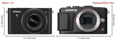 Größenvergleich: Nikon 1 J3 vs. OM System PEN E-PL6 Größenvergleich: Nikon 1 J3 vs. OM System PEN E-PL6