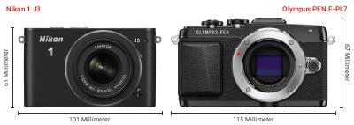 Größenvergleich: Nikon 1 J3 vs. OM System PEN E-PL7 Größenvergleich: Nikon 1 J3 vs. OM System PEN E-PL7