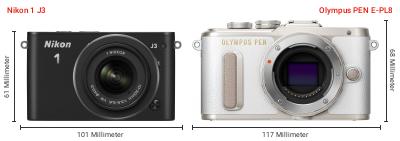 Größenvergleich: Nikon 1 J3 vs. OM System PEN E-PL8 Größenvergleich: Nikon 1 J3 vs. OM System PEN E-PL8