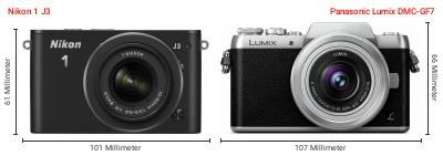 Größenvergleich: Nikon 1 J3 vs. Panasonic Lumix DMC-GF7