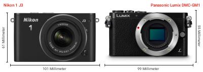 Größenvergleich: Nikon 1 J3 vs. Panasonic Lumix DMC-GM1 Größenvergleich: Nikon 1 J3 vs. Panasonic Lumix DMC-GM1