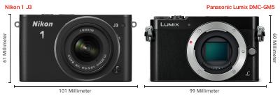 Größenvergleich: Nikon 1 J3 vs. Panasonic Lumix DMC-GM5 Größenvergleich: Nikon 1 J3 vs. Panasonic Lumix DMC-GM5