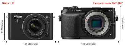 Größenvergleich: Nikon 1 J3 vs. Panasonic Lumix DMC-GX7 Größenvergleich: Nikon 1 J3 vs. Panasonic Lumix DMC-GX7