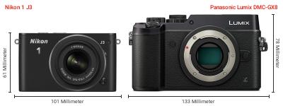 Größenvergleich: Nikon 1 J3 vs. Panasonic Lumix DMC-GX8 Größenvergleich: Nikon 1 J3 vs. Panasonic Lumix DMC-GX8