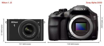 Größenvergleich: Nikon 1 J3 vs. Sony Alpha 3000 Größenvergleich: Nikon 1 J3 vs. Sony Alpha 3000