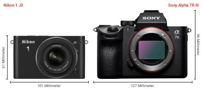 Größenvergleich: Nikon 1 J3 vs. Sony Alpha 7R III