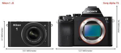 Größenvergleich: Nikon 1 J3 vs. Sony Alpha 7S Größenvergleich: Nikon 1 J3 vs. Sony Alpha 7S