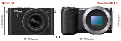 Größenvergleich: Nikon 1 J3 vs. Sony Alpha NEX-5T Größenvergleich: Nikon 1 J3 vs. Sony Alpha NEX-5T
