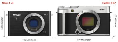 Größenvergleich: Nikon 1 J4 vs. Fujifilm X-A7 Größenvergleich: Nikon 1 J4 vs. Fujifilm X-A7