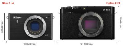 Größenvergleich: Nikon 1 J4 vs. Fujifilm X-E4 Größenvergleich: Nikon 1 J4 vs. Fujifilm X-E4