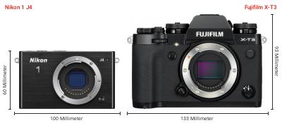 Größenvergleich: Nikon 1 J4 vs. Fujifilm X-T3 Größenvergleich: Nikon 1 J4 vs. Fujifilm X-T3