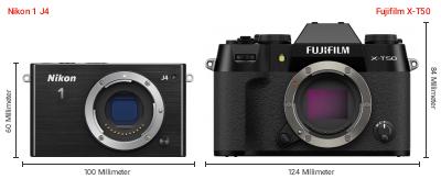 Größenvergleich: Nikon 1 J4 vs. Fujifilm X-T50 Größenvergleich: Nikon 1 J4 vs. Fujifilm X-T50