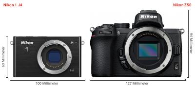 Größenvergleich: Nikon 1 J4 vs. Nikon Z50 Größenvergleich: Nikon 1 J4 vs. Nikon Z50